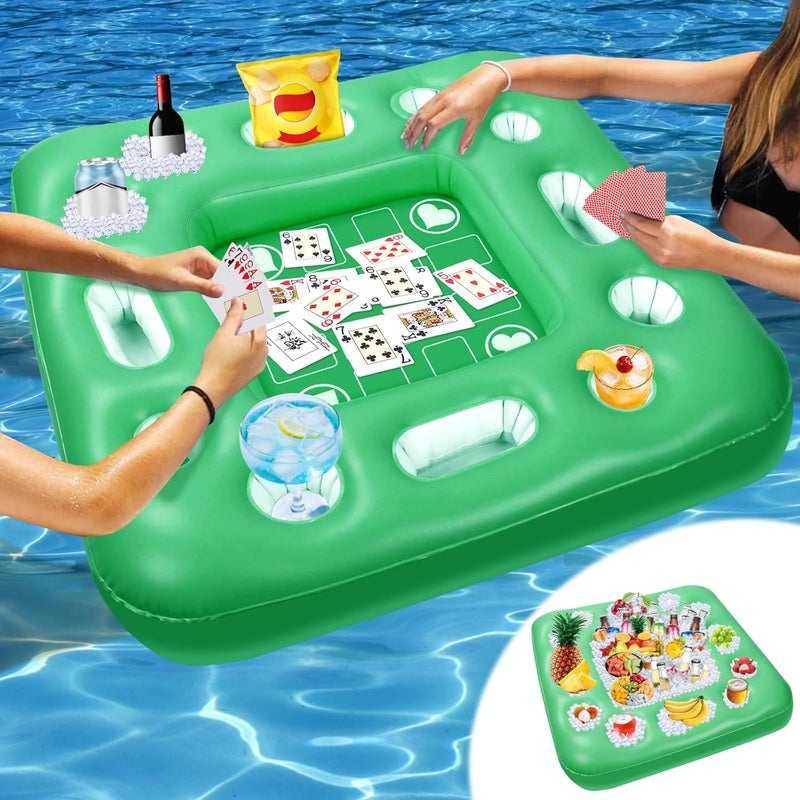 MJZ Floating Table for Pool Game, 40 x 40 in Floating Card Table for Pool with Food Drink Holders and Waterproof Playing Cards, Inflatable Floating Pool Table for Adults and Family Party (Green) - Image 1